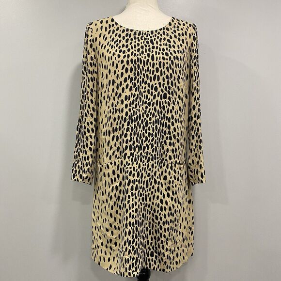 J. Crew 6 Tan Black Leopard Cheetah Print Long Sleeve Pockets Slip Shift Dress* - Picture 1 of 16